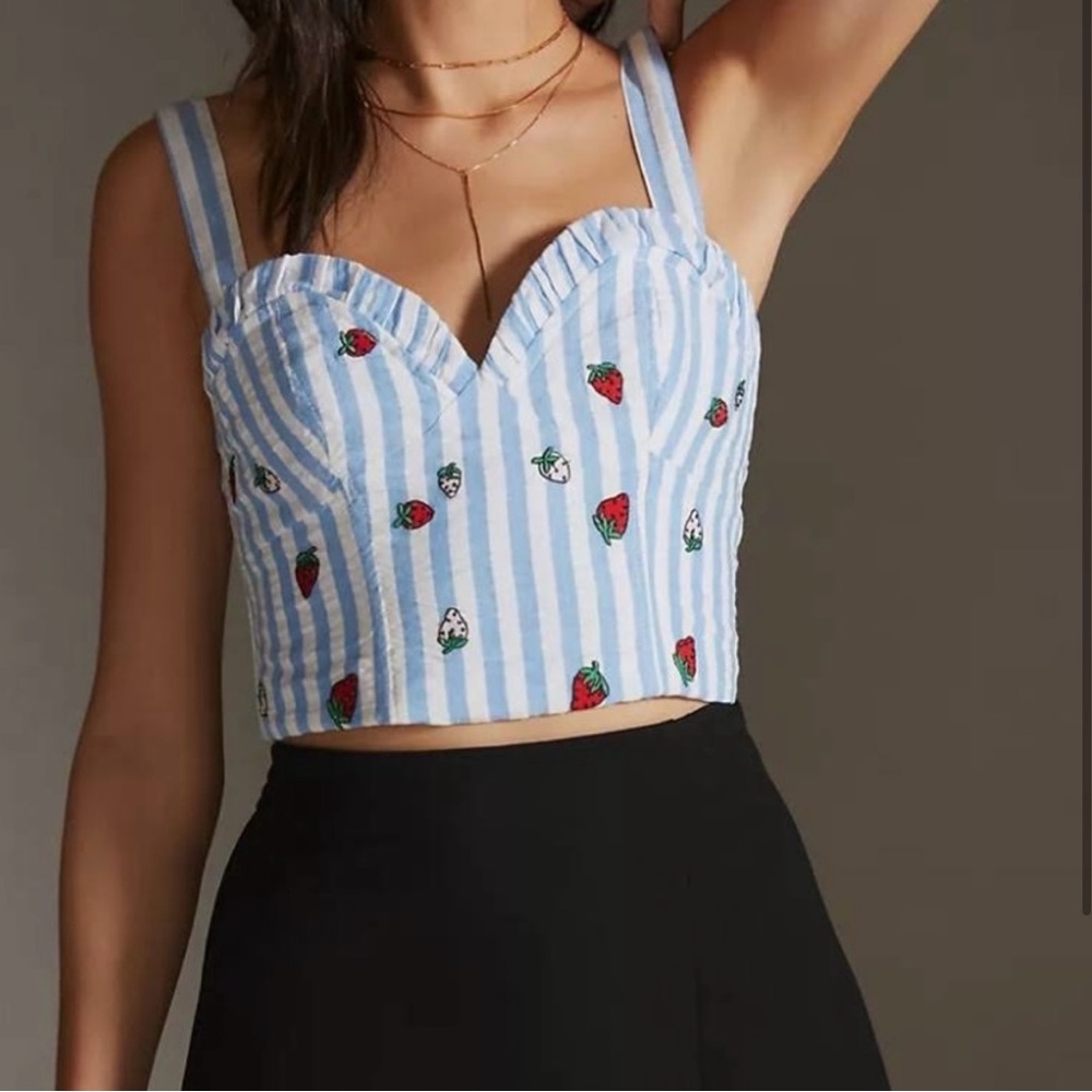 Maeve Blue and White Sleeveless Crop Bustier Tank Top